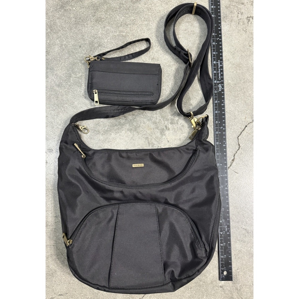 Travelon Anti-Theft RFID Cross Body Purse & Wallet Shiny Black Teal Satchel Bag